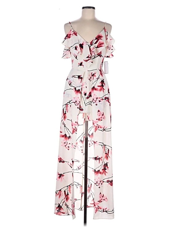 Premier Amour Pants - Cold-Shoulder Floral Jumpsuit in White & Pink